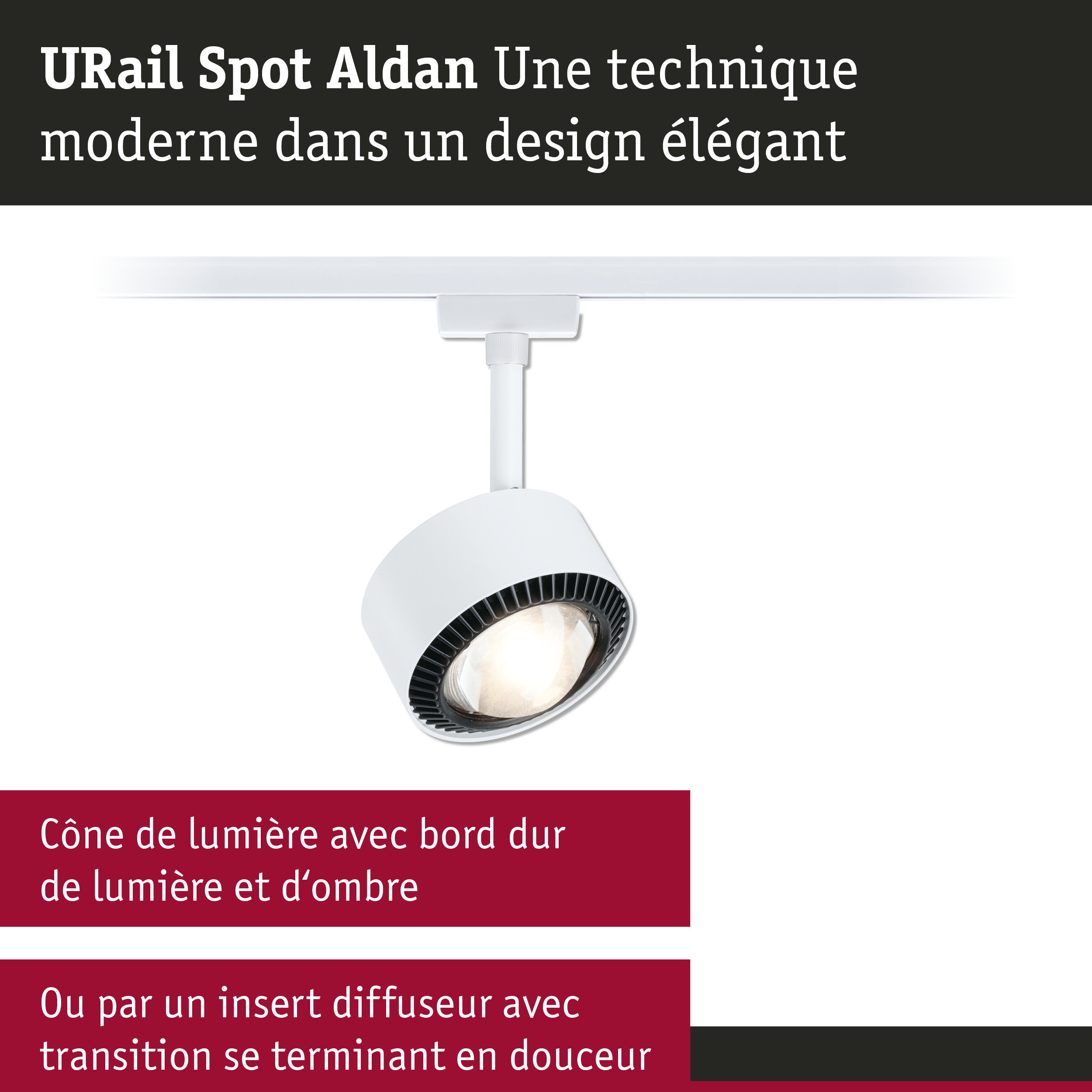 Spot URail Aldan blanc au design moderne avec cône de lumière pour éclairage d'accentuation