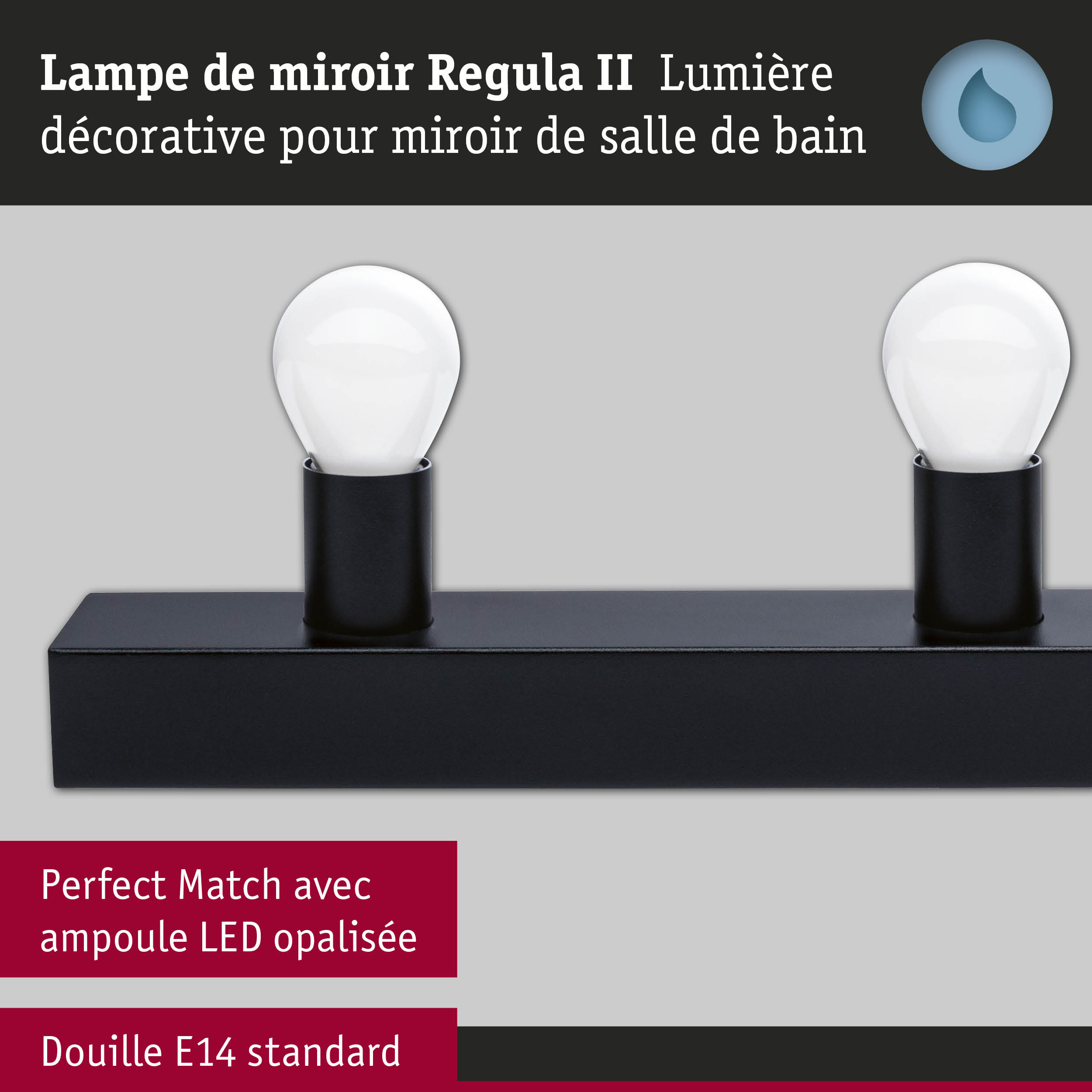 Kit Éclairage de miroir Regula II ampoules incluses 3-flammes IP44 E14 2700K 3x470lm 230V 3x4,5W gradable Noir/Opale