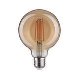 Round LED filament bulb with amber glass and E27 base for decorative lighting and warm ambiance