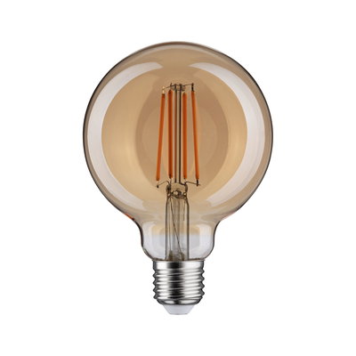 Round LED filament bulb with amber glass and E27 base for decorative lighting and warm ambiance