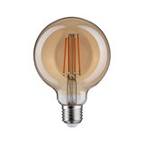 Round LED filament bulb with amber glass and E27 base for decorative lighting and warm ambiance