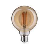 Round LED filament bulb with amber glass and E27 base for decorative lighting and warm ambiance