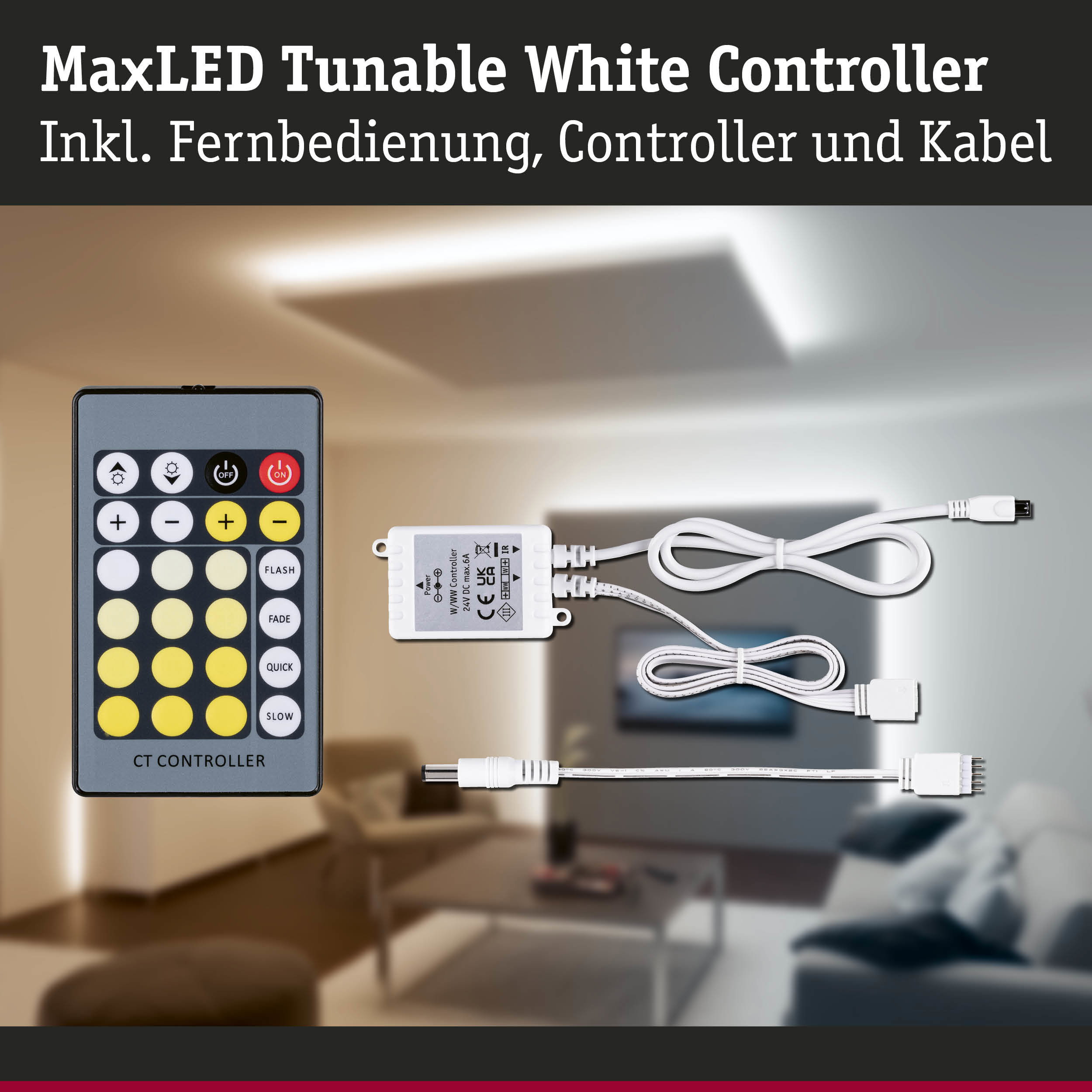 MaxLED weißer Controller mit Fernbedienung und Kabel für LED-Beleuchtung Steuerung im Wohnraum