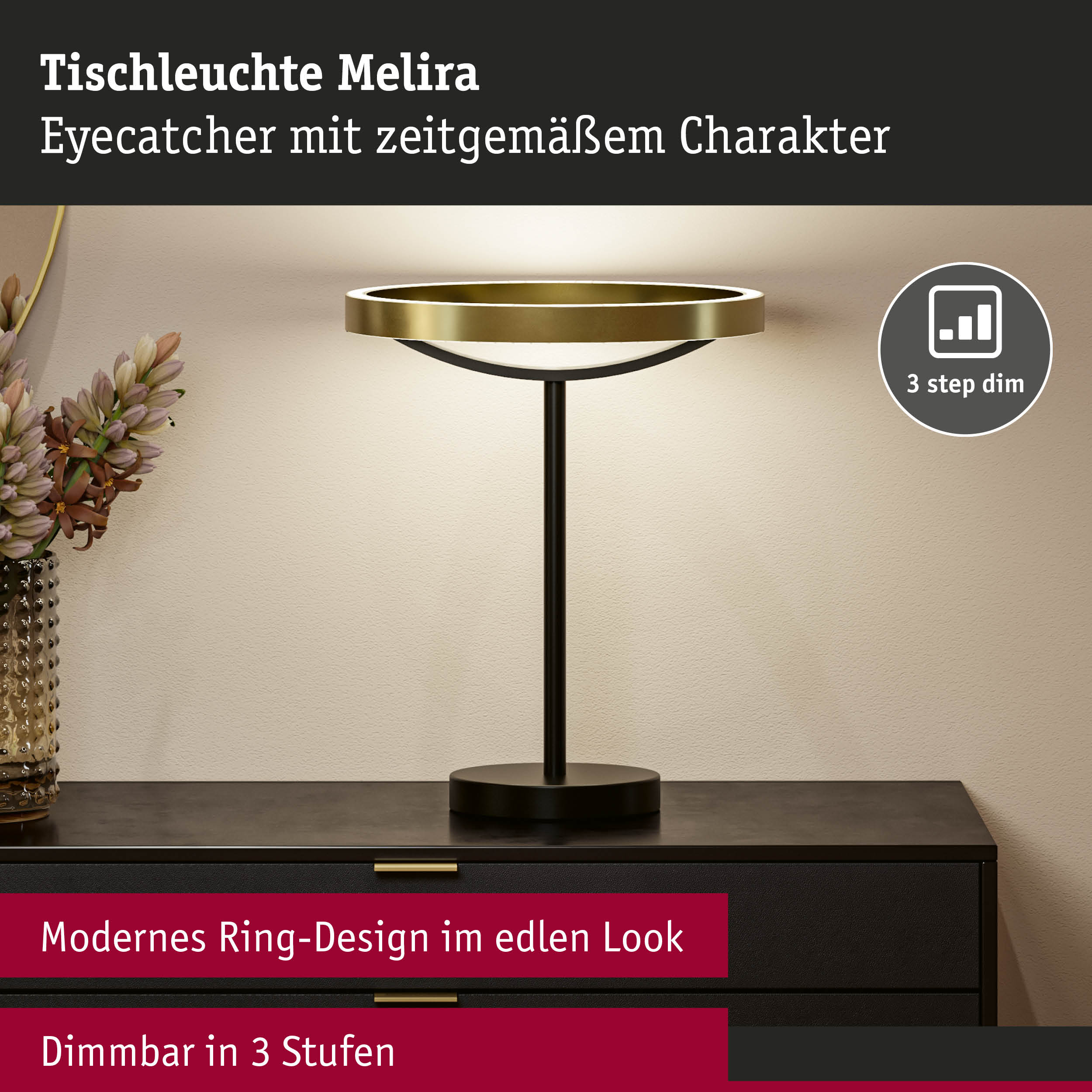 Moderne Tischleuchte Melira mit goldenem Ring und schwarzem Metallfuß, dimmbar in 3 Stufen