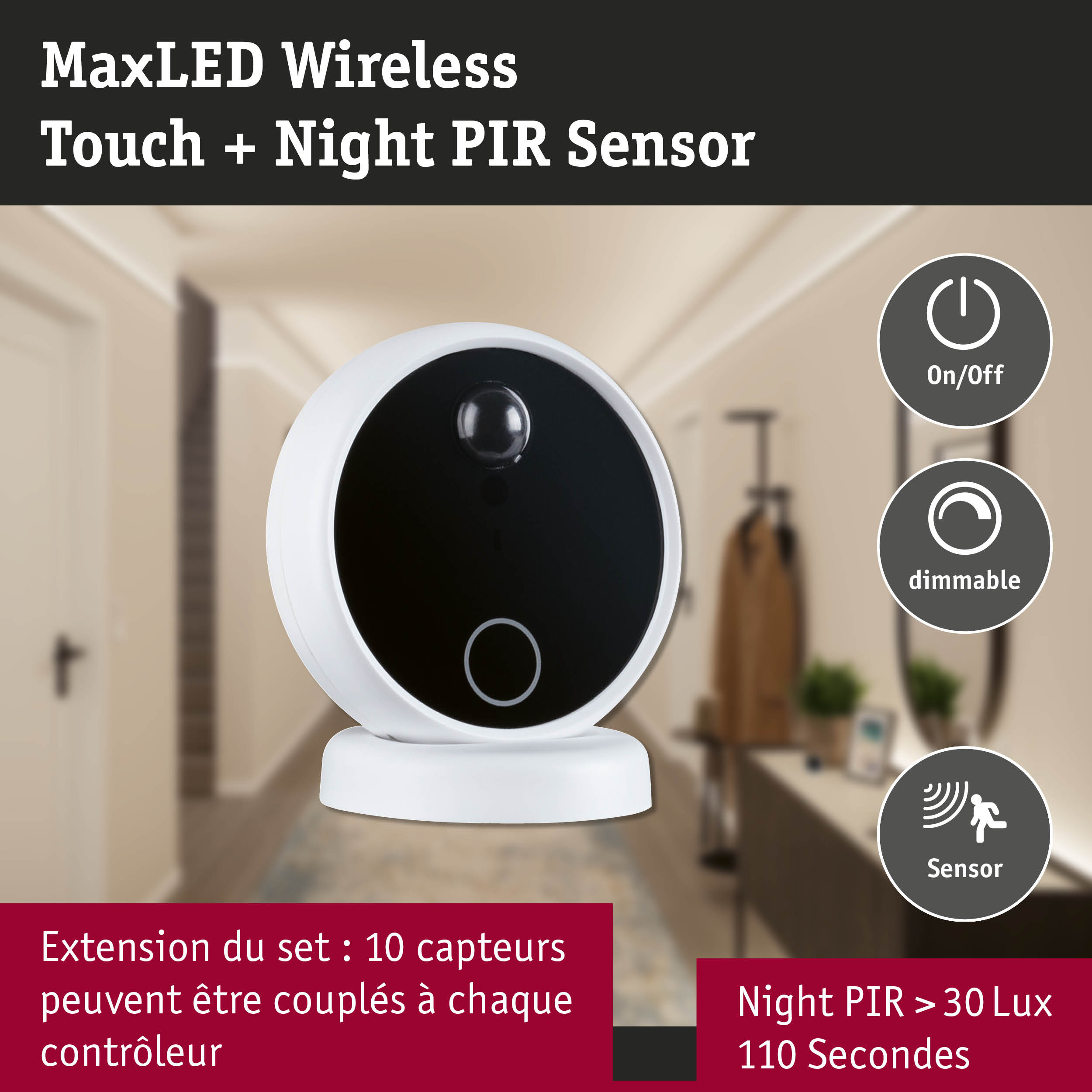 Capteur sans fil MaxLED tactile avec détecteur PIR nocturne blanc et noir pour éclairage intelligent