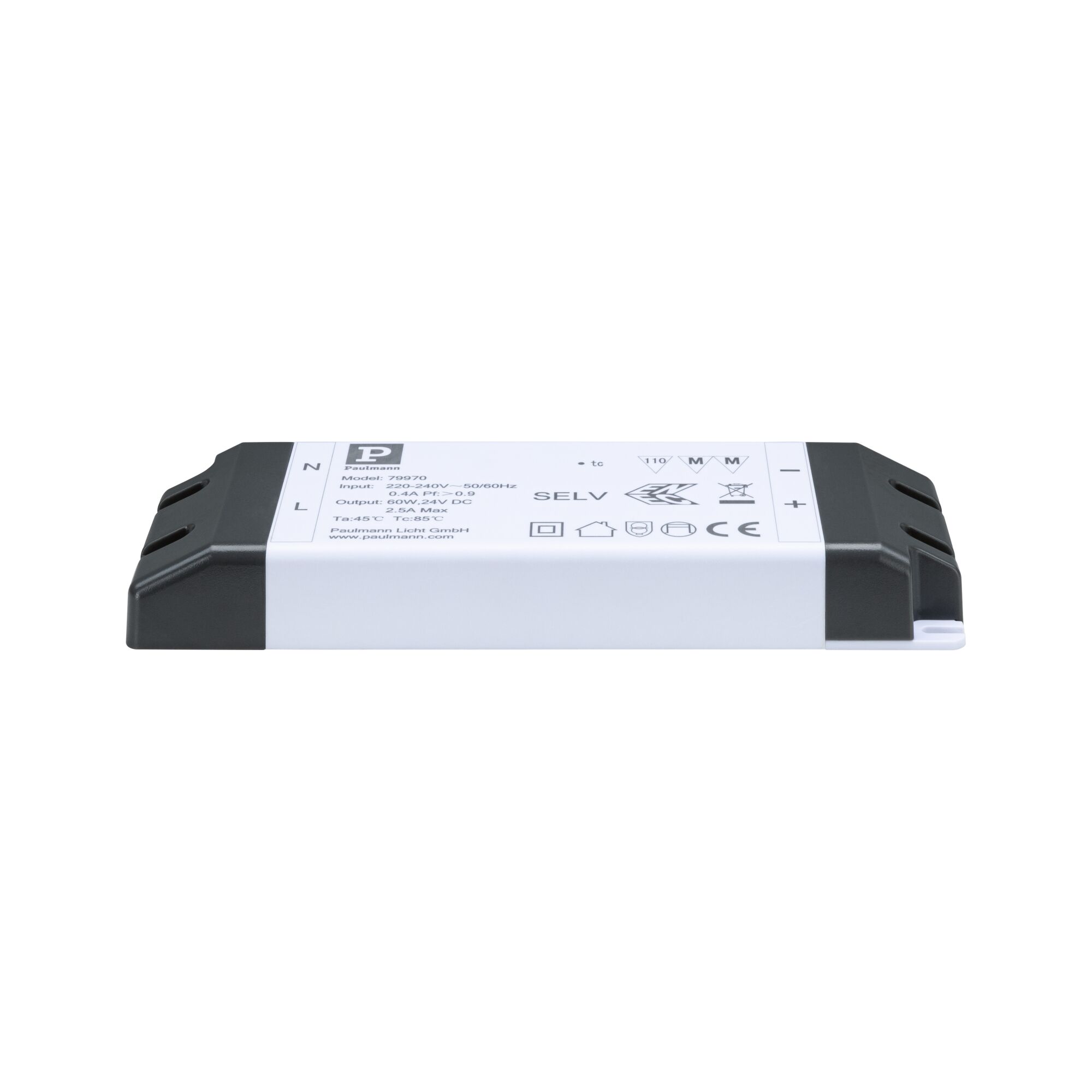 White plastic LED driver with black ends, 60W 24V DC, energy-efficient lighting component