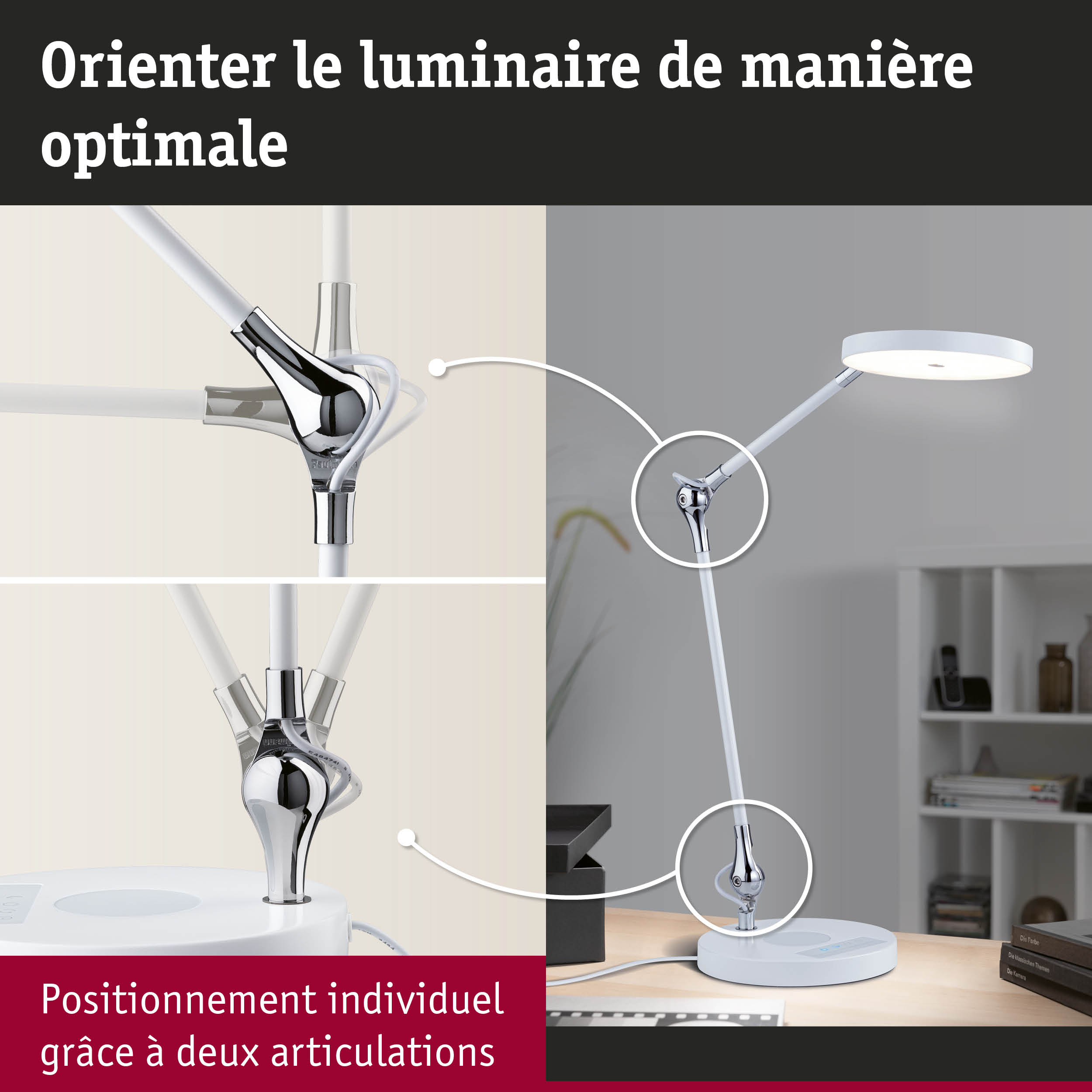 Lampe de bureau LED blanche avec articulation chromée pour orientation optimale de la lumière