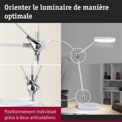 Lampe de bureau LED blanche avec articulation chromée pour orientation optimale de la lumière