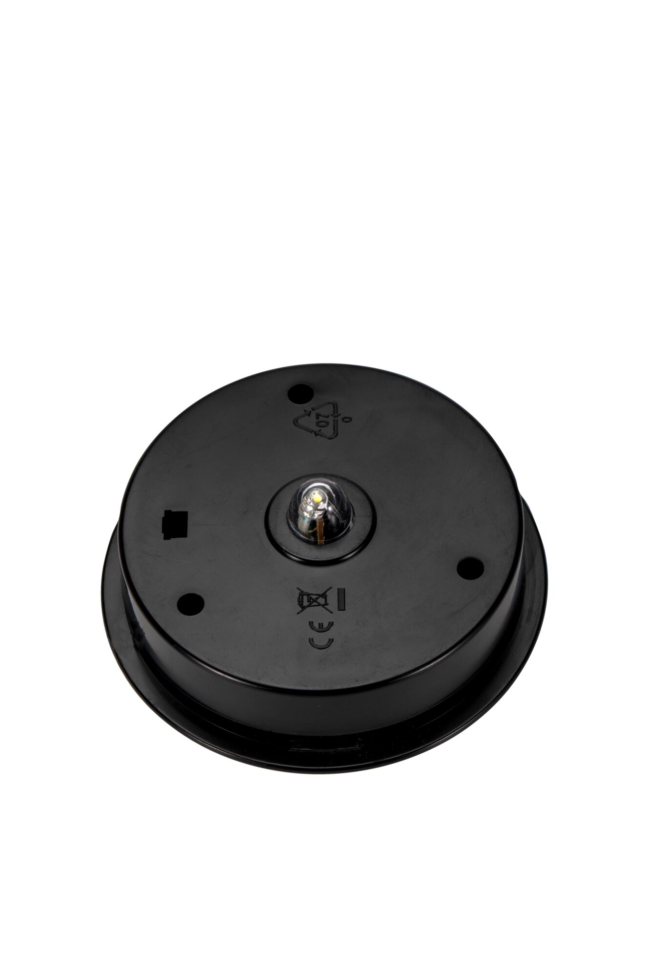 Round black plastic housing with central LED light, lighting component for fixtures.