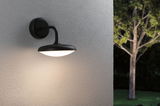 Zwarte metalen buitenwandlamp met warm wit licht aan grijze muur in tuinomgeving.