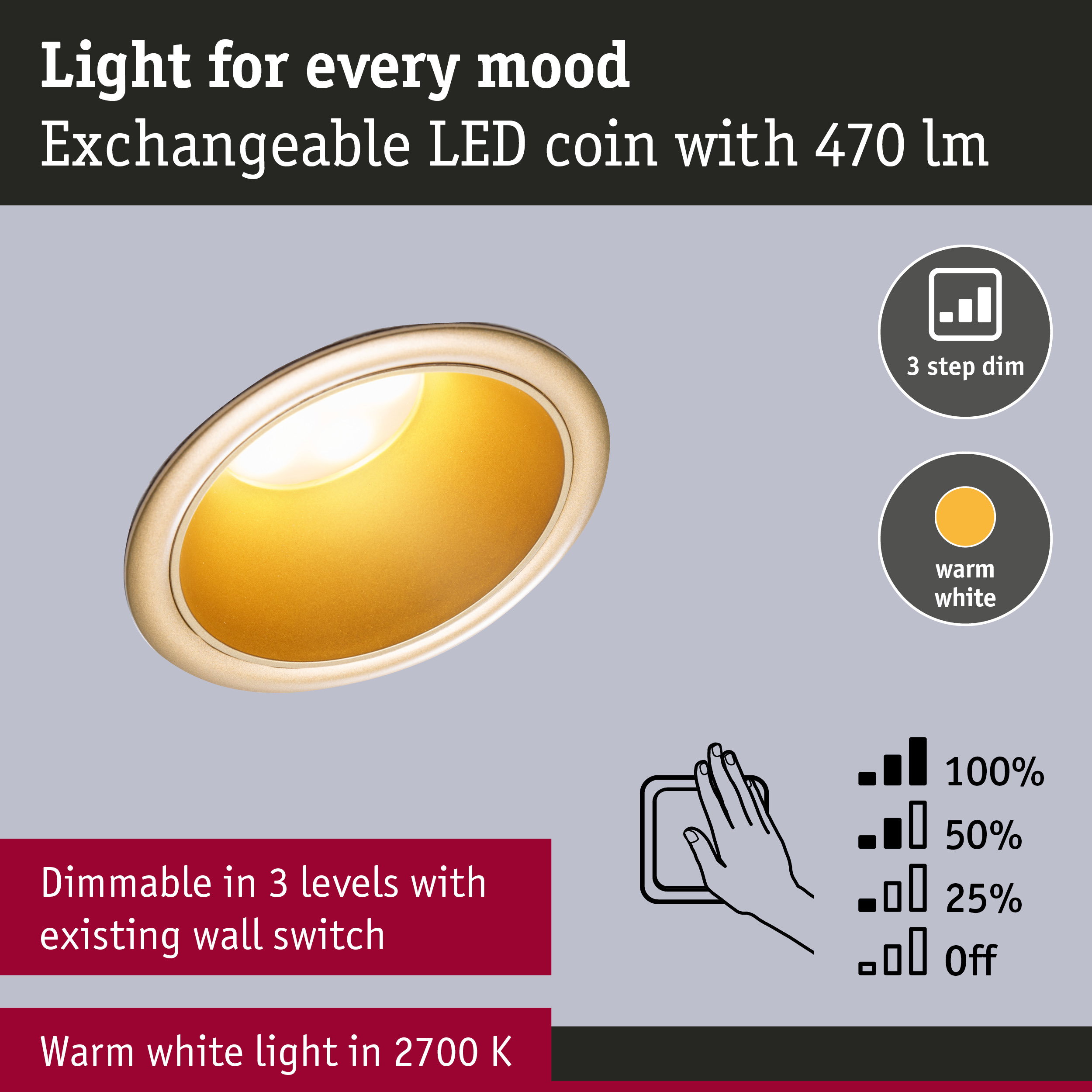 Exchangeable LED coin light with 470 lumens, warm white 2700K and 3-step dimmable with wall switch