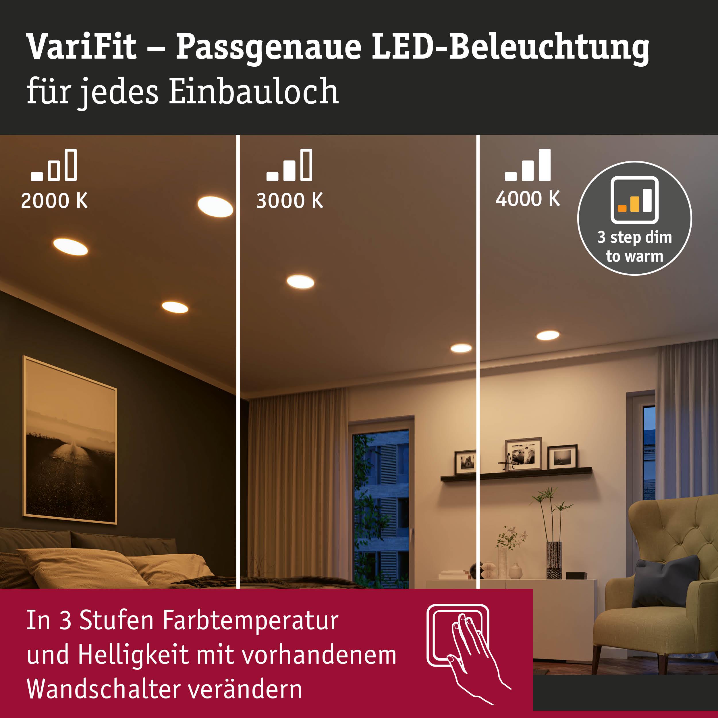 VariFit LED-Einbauleuchten mit einstellbarer Farbtemperatur von 2000K bis 4000K für Wohnräume
