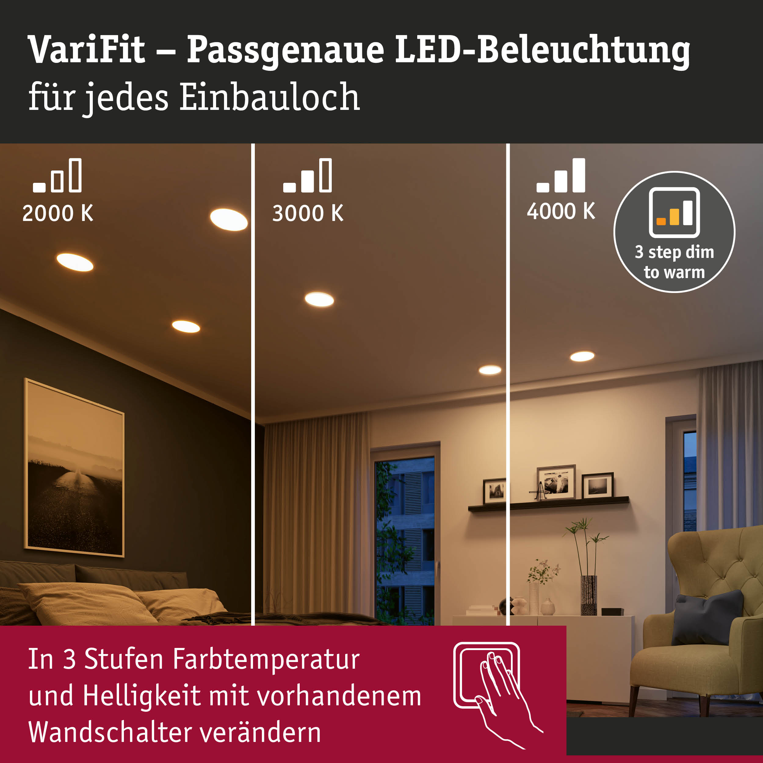 LED-Deckenbeleuchtung mit variabler Farbtemperatur von 2000K bis 4000K und 3-Stufen-Dimmung