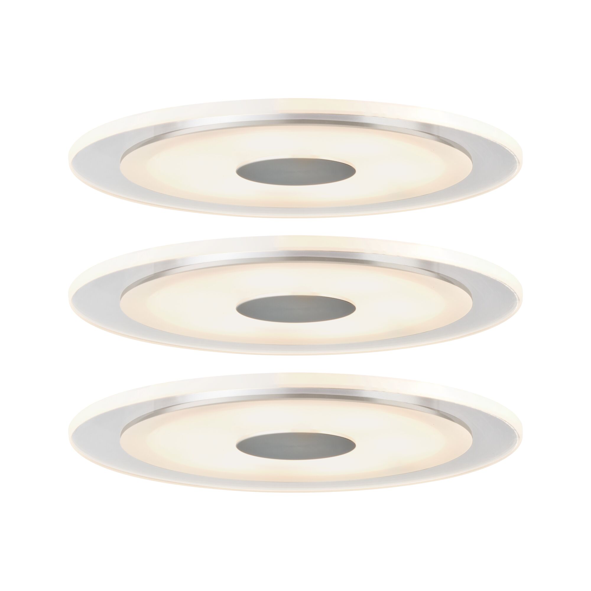 Three round white LED ceiling lights with aluminum ring for modern home lighting