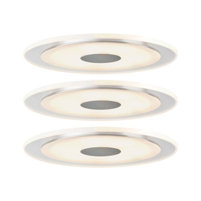 Three round white LED ceiling lights with aluminum ring for modern home lighting