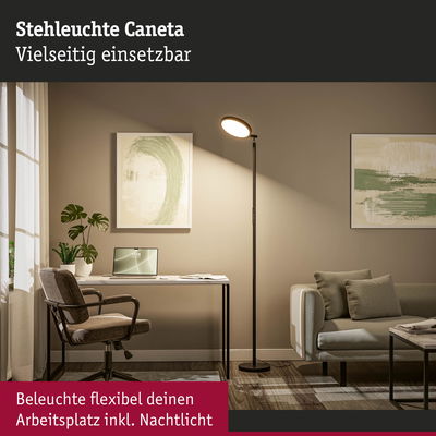 Stehleuchte Caneta in Schwarz beleuchtet flexiblen Arbeitsplatz mit warmem Licht im modernen Wohnzimmer
