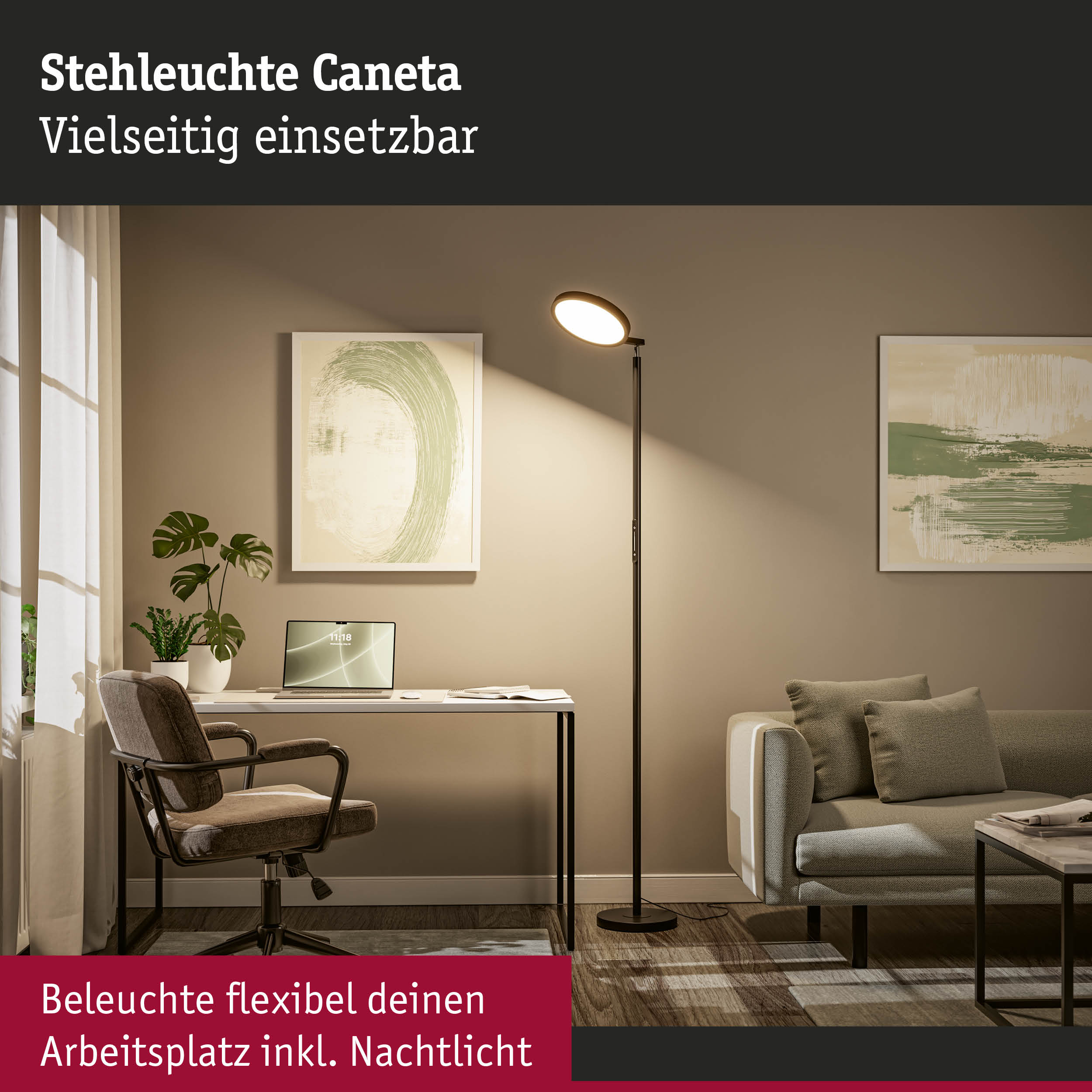 Stehleuchte Caneta in Schwarz mit rundem LED-Kopf beleuchtet modernen Arbeitsplatz im Wohnzimmer