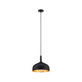 Black metal pendant light with gold interior and visible bulb for stylish modern home lighting