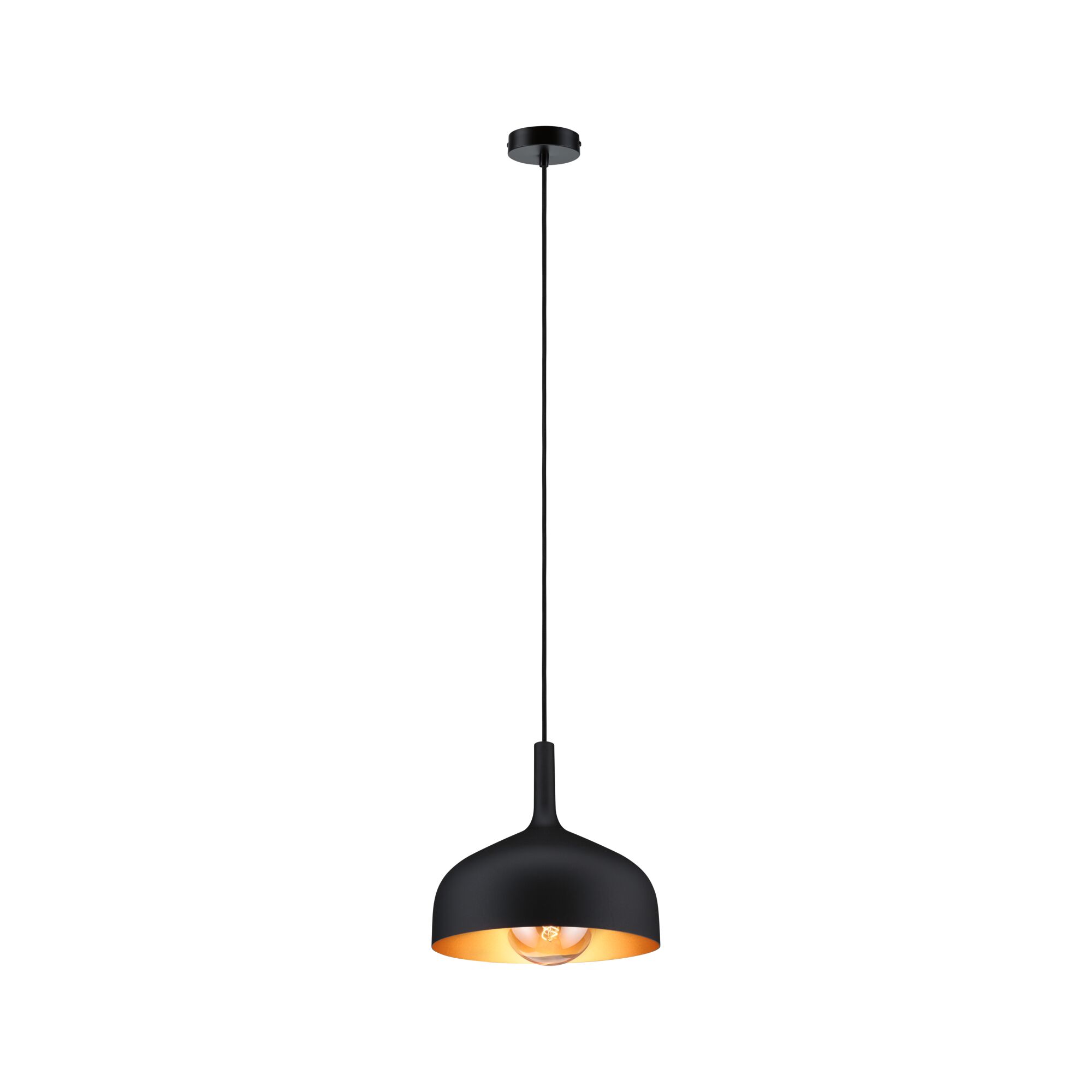 Suspension en métal noir avec intérieur doré et ampoule visible pour un éclairage moderne élégant