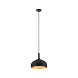 Black metal pendant light with gold interior and visible bulb for stylish modern home lighting
