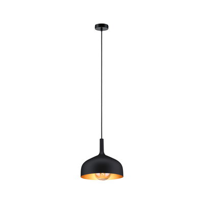 Black metal pendant light with gold interior and visible bulb for stylish modern home lighting