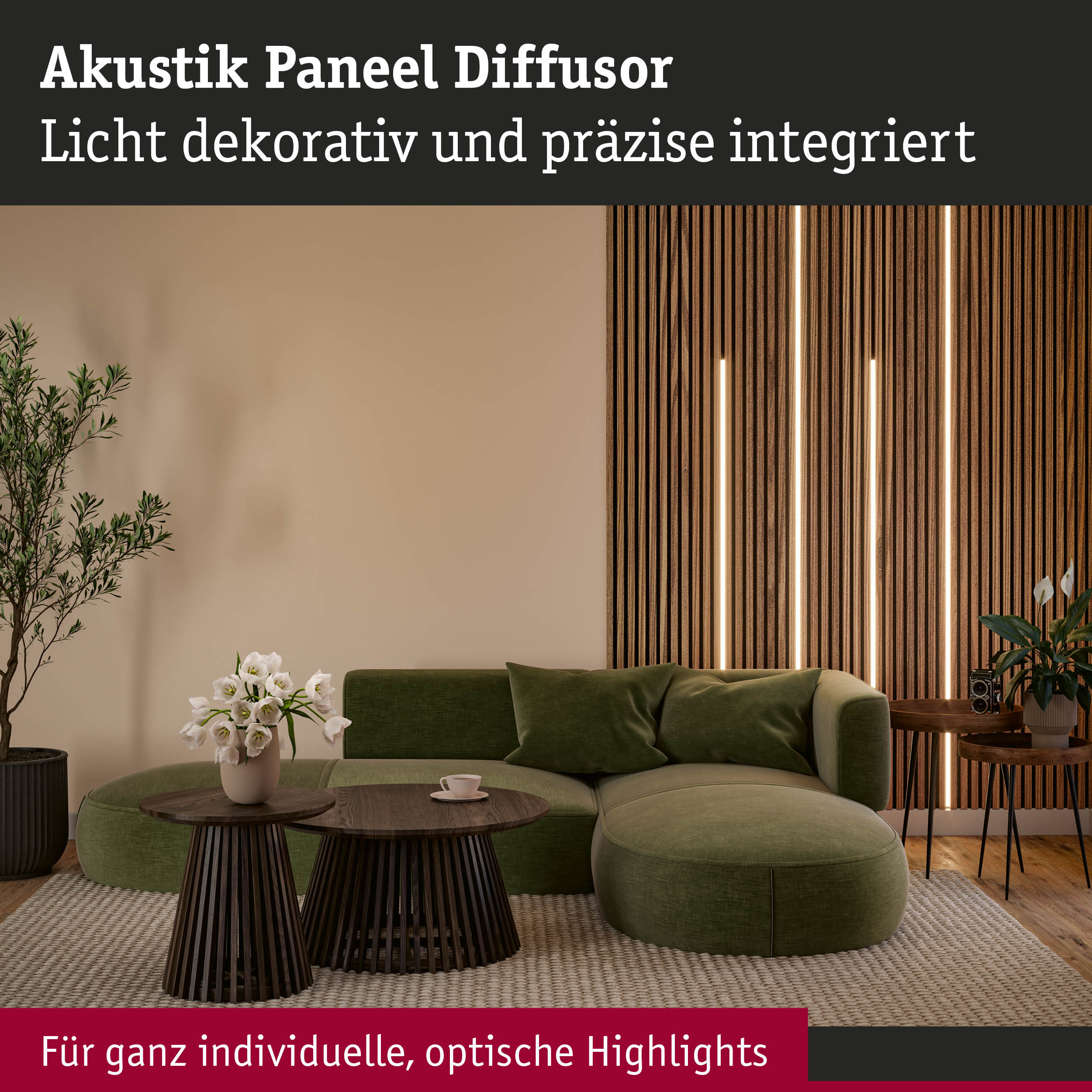 Akustik Paneel Diffusor aus Holz mit integrierter Lichtleiste in modernem Wohnzimmer mit grünem Sofa
