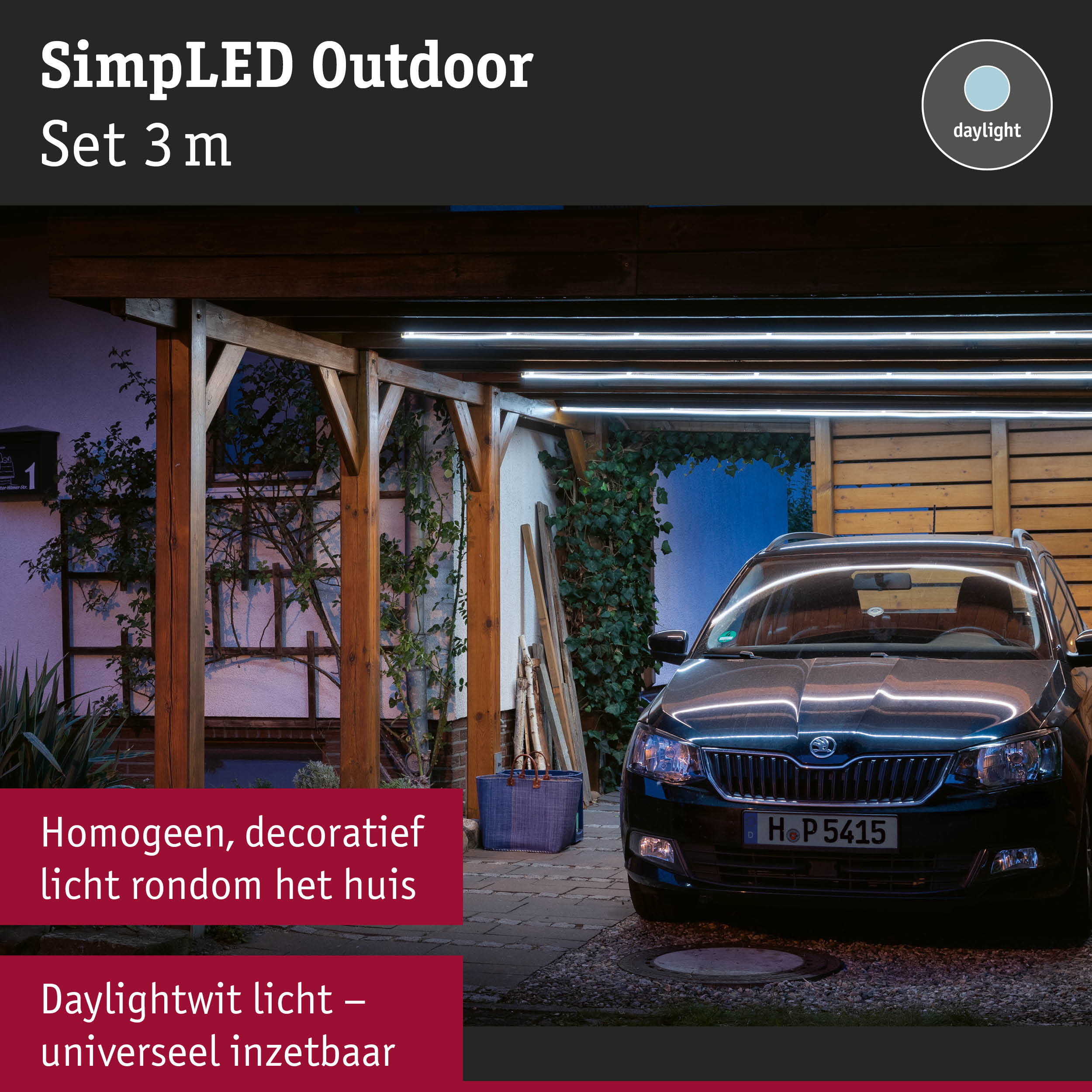 3m outdoor LED-lichtset met daglichtwit licht onder houten carportdak bij auto