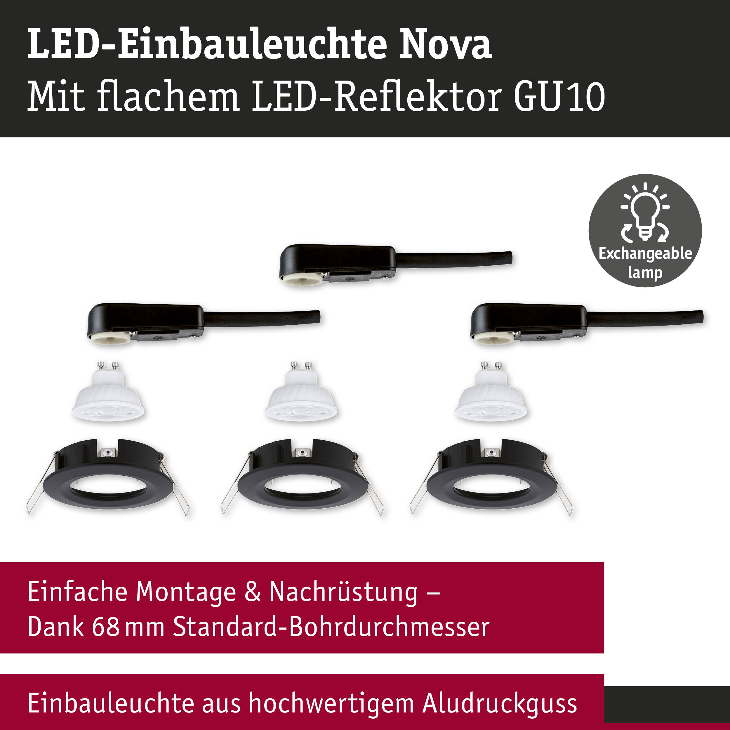 LED-Einbauleuchte Nova mit flachem GU10 LED-Reflektor und schwarzem Aluminiumgehäuse