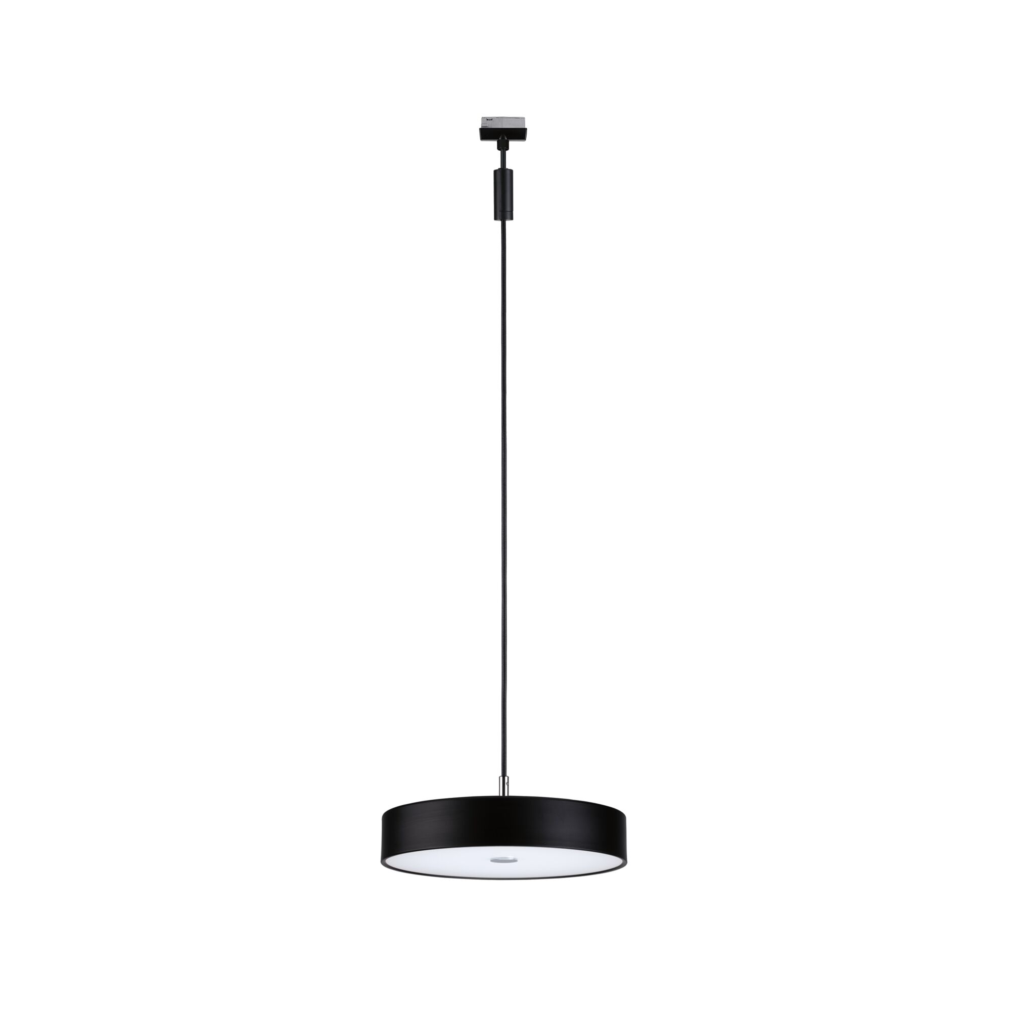 Schwarze runde LED-Pendelleuchte mit weißem Diffusor aus Metall für moderne Innenräume