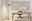 Modern black floor lamp with warm white LED light beside wooden desk in home office setup.