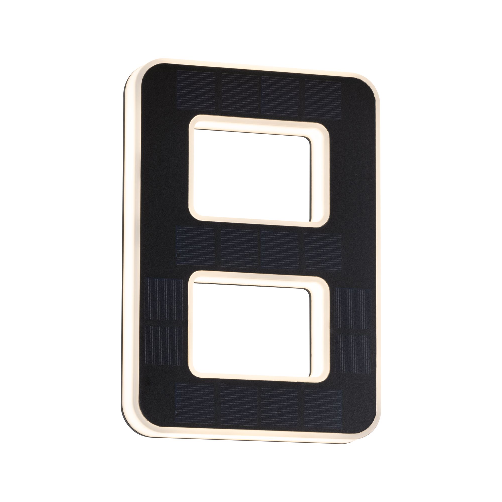 Lumière solaire noire rectangulaire avec deux découpes rectangulaires et cadre LED blanc chaud