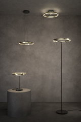 Modern black and brass LED ring lights as ceiling, table, and floor lamps in a minimalist room.
