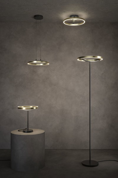Modern black and brass LED ring lights as ceiling, table, and floor lamps in a minimalist room.