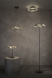 Moderne LED-Ringleuchten in Schwarz und Messingoptik als Decken-, Tisch- und Stehleuchte im Raum.