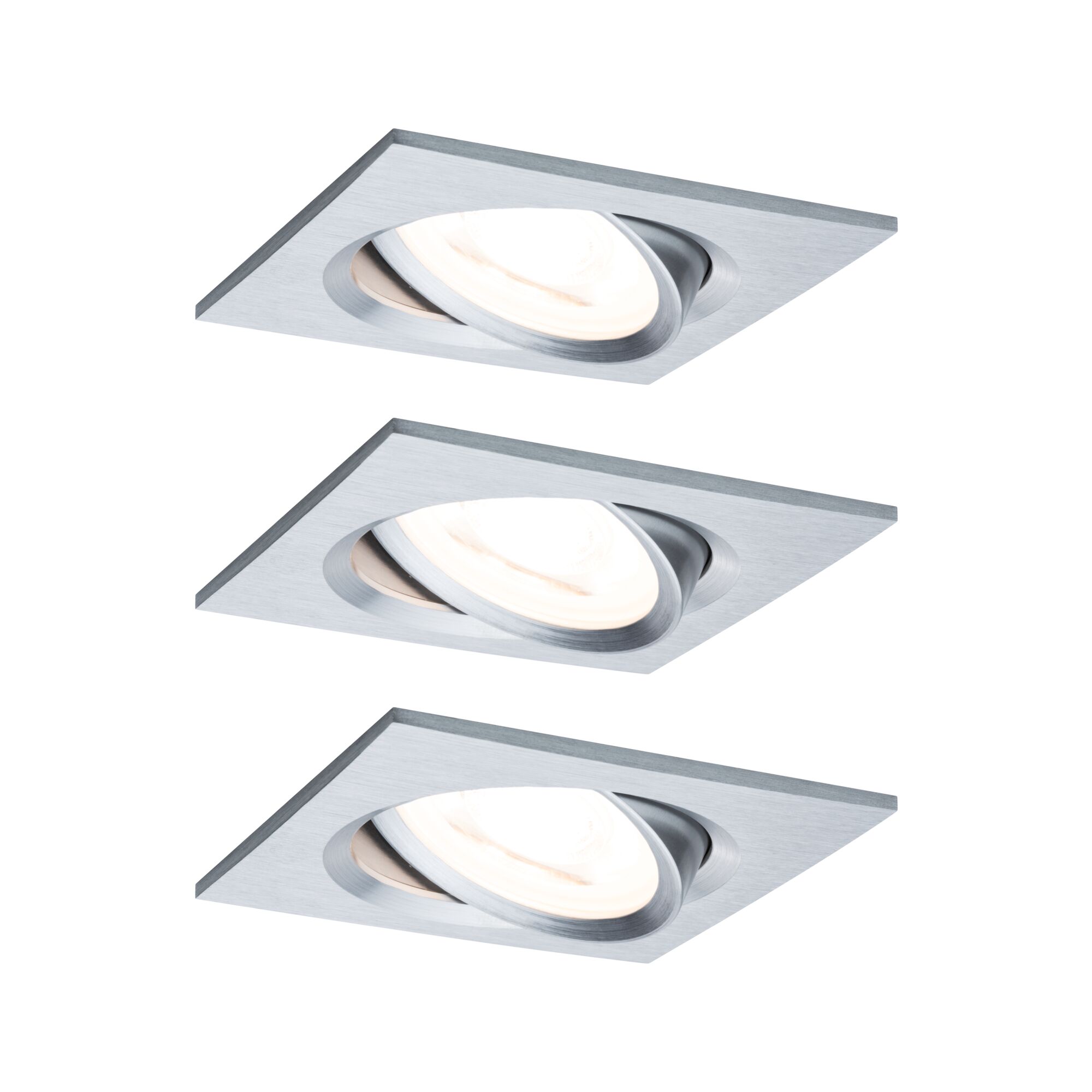 Drei quadratische Einbaustrahler aus gebürstetem Aluminium mit warmweißem LED-Licht für moderne Raumbeleuchtung.