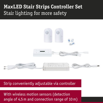 MaxLED stair lighting controller set in white with wireless motion sensors and control unit for safety