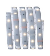 Flexible LED strip light with warm white LEDs and adhesive backing for versatile lighting solutions.