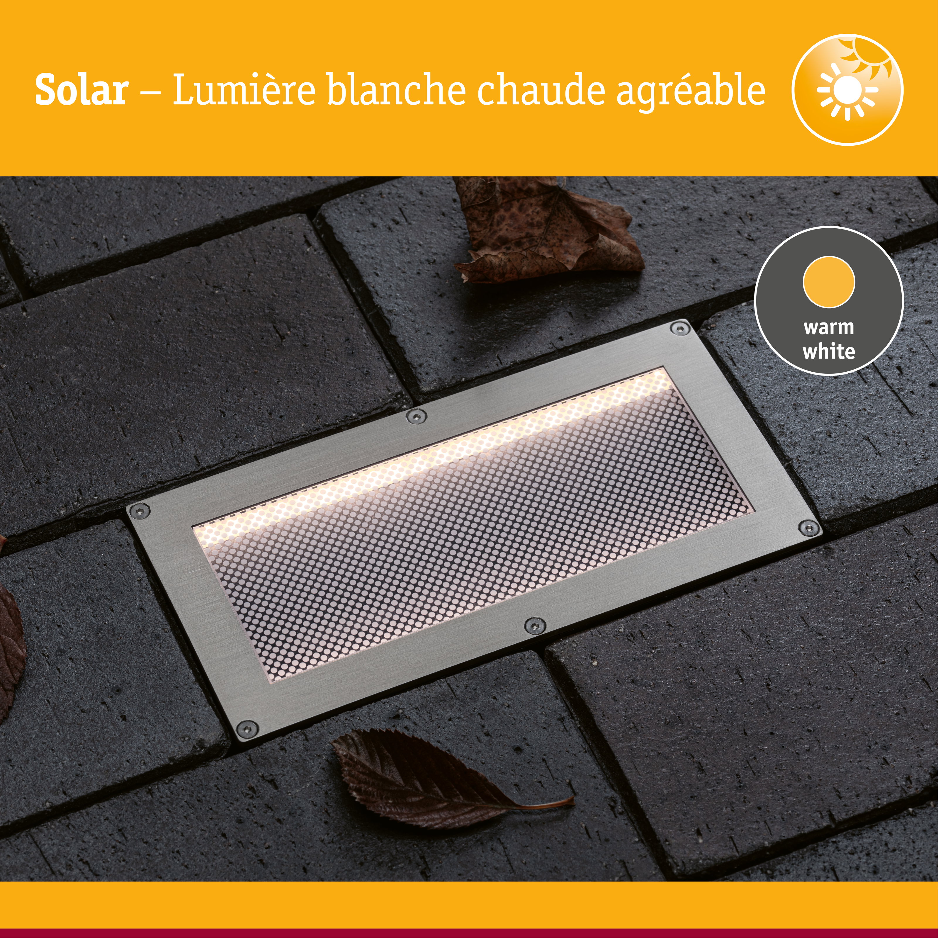 Solar Encastré de sol LED Sorea Capteur crépusculaire IP67 carré 200x100mm 3000K 0,3W 16lm 3,7V Acier brossé ABS/Polycarbonate/Acier inoxydable