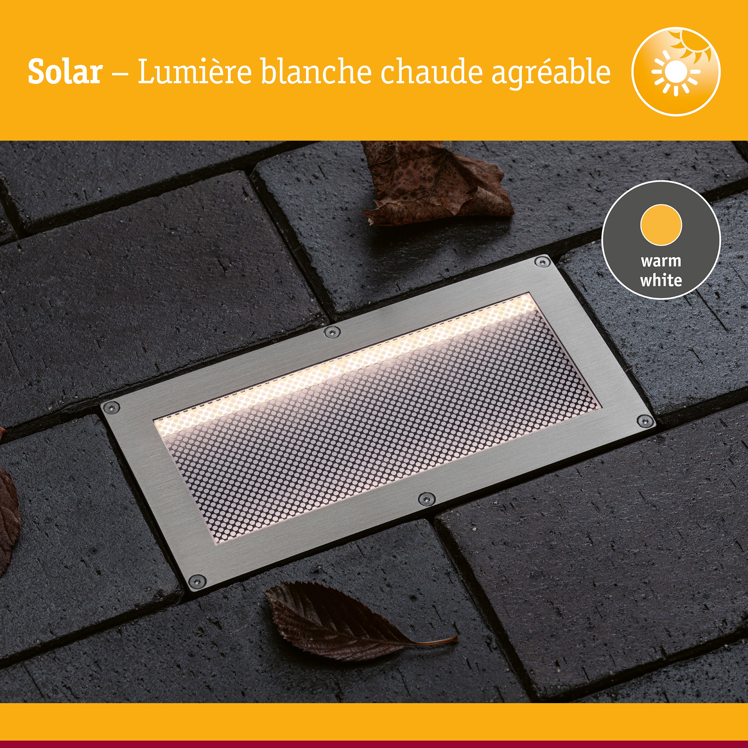Solar Encastré de sol LED Sorea Capteur crépusculaire IP67 carré 200x100mm 3000K 0,3W 16lm 3,7V Acier brossé ABS/Polycarbonate/Acier inoxydable
