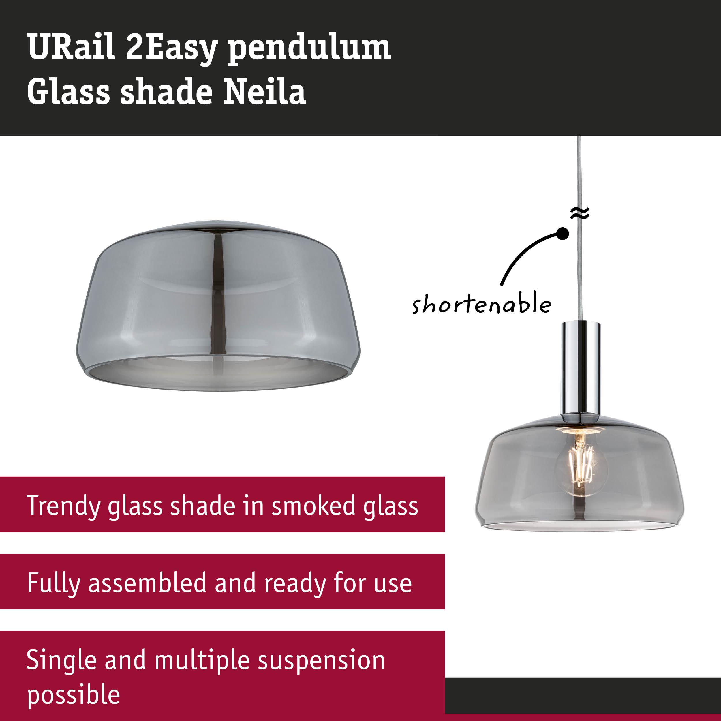 URail 2Easy pendant light with smoked glass shade Neila, shorten able and fully assembled