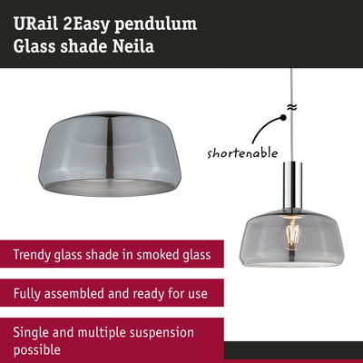 URail 2Easy pendant light with smoked glass shade Neila, shorten able and fully assembled