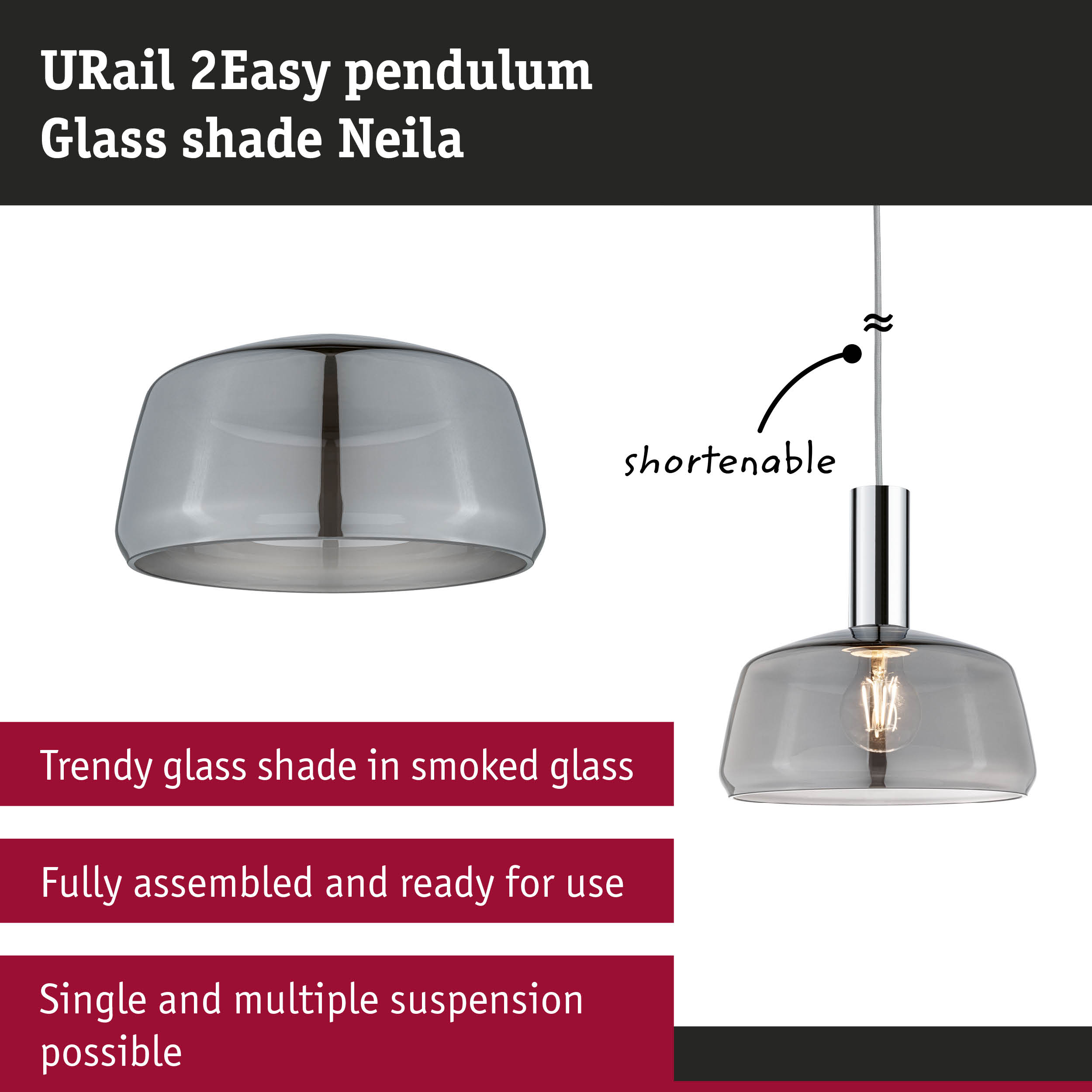 URail 2Easy pendant light with smoked glass shade and adjustable length for stylish modern lighting
