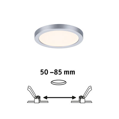 Rond zilverkleurig LED-inbouwpaneel met warm wit licht, geschikt voor 50-85 mm inbouwmaat