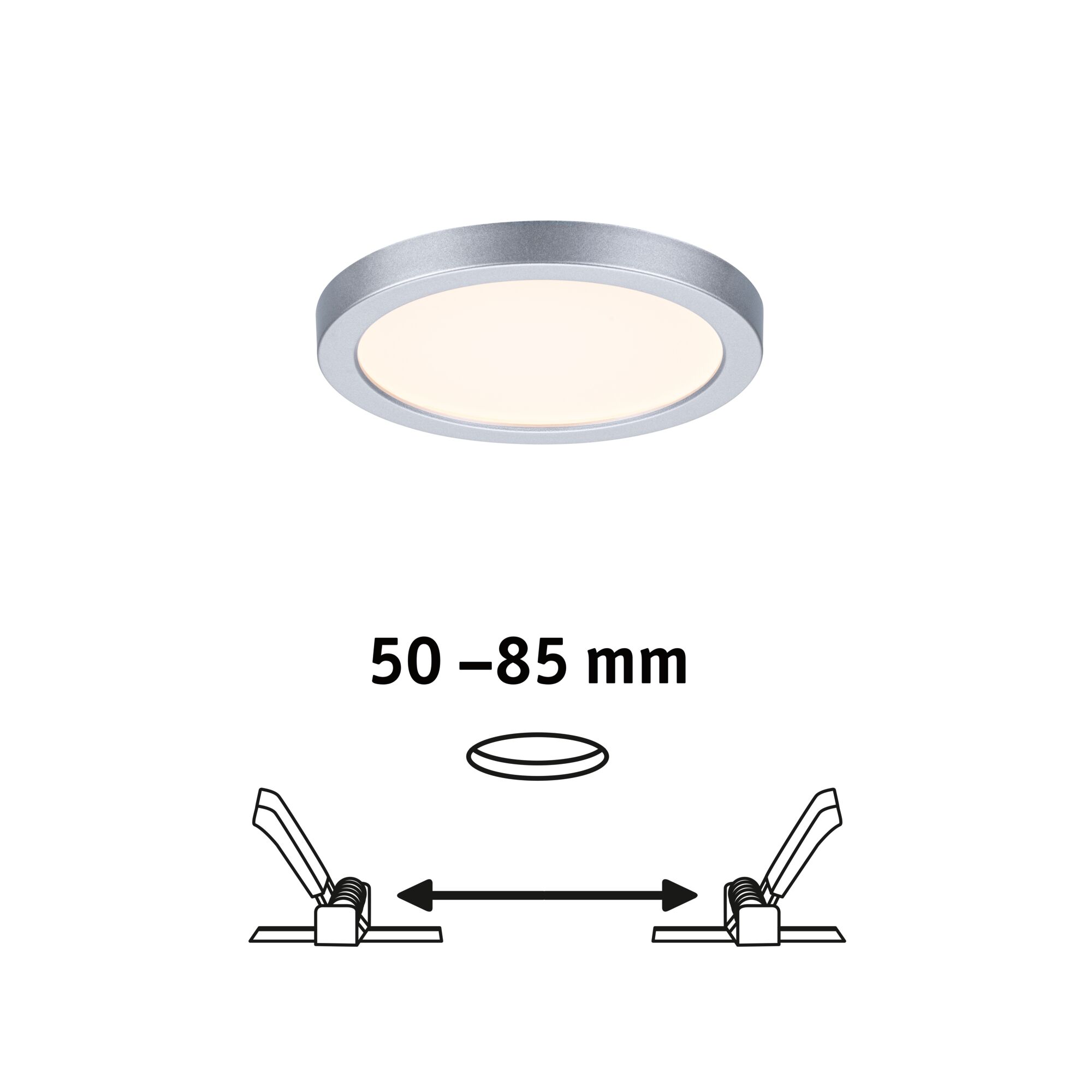 Rond zilverkleurig LED-inbouwpaneel met warm wit licht, geschikt voor 50-85 mm inbouwmaat