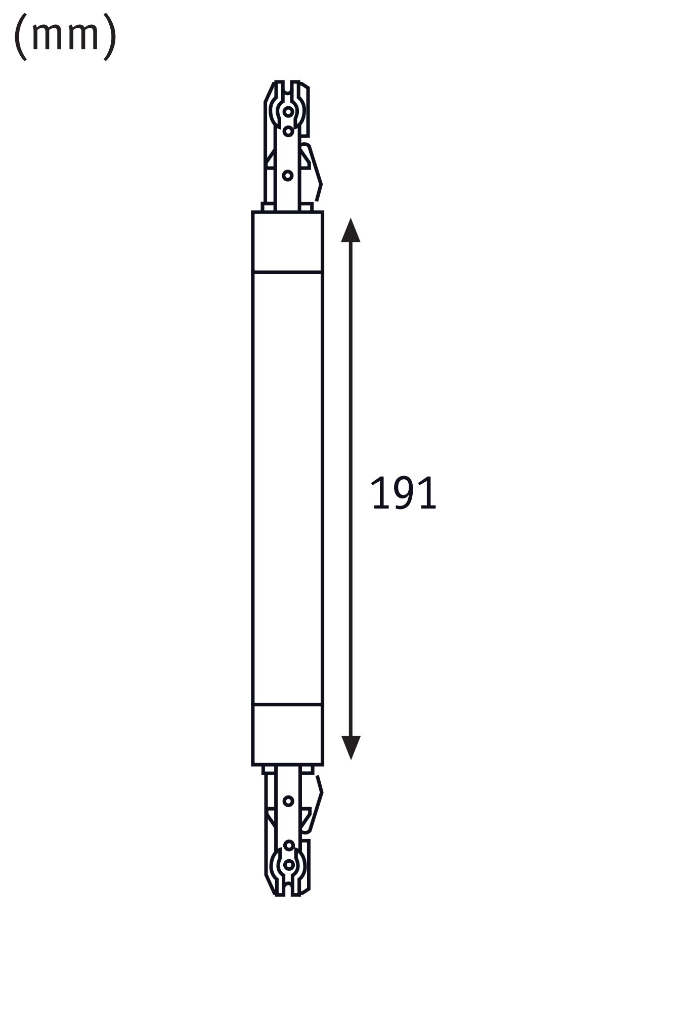 Technische Zeichnung eines elektrischen Bauteils mit 191 mm Länge für Beleuchtungssysteme.