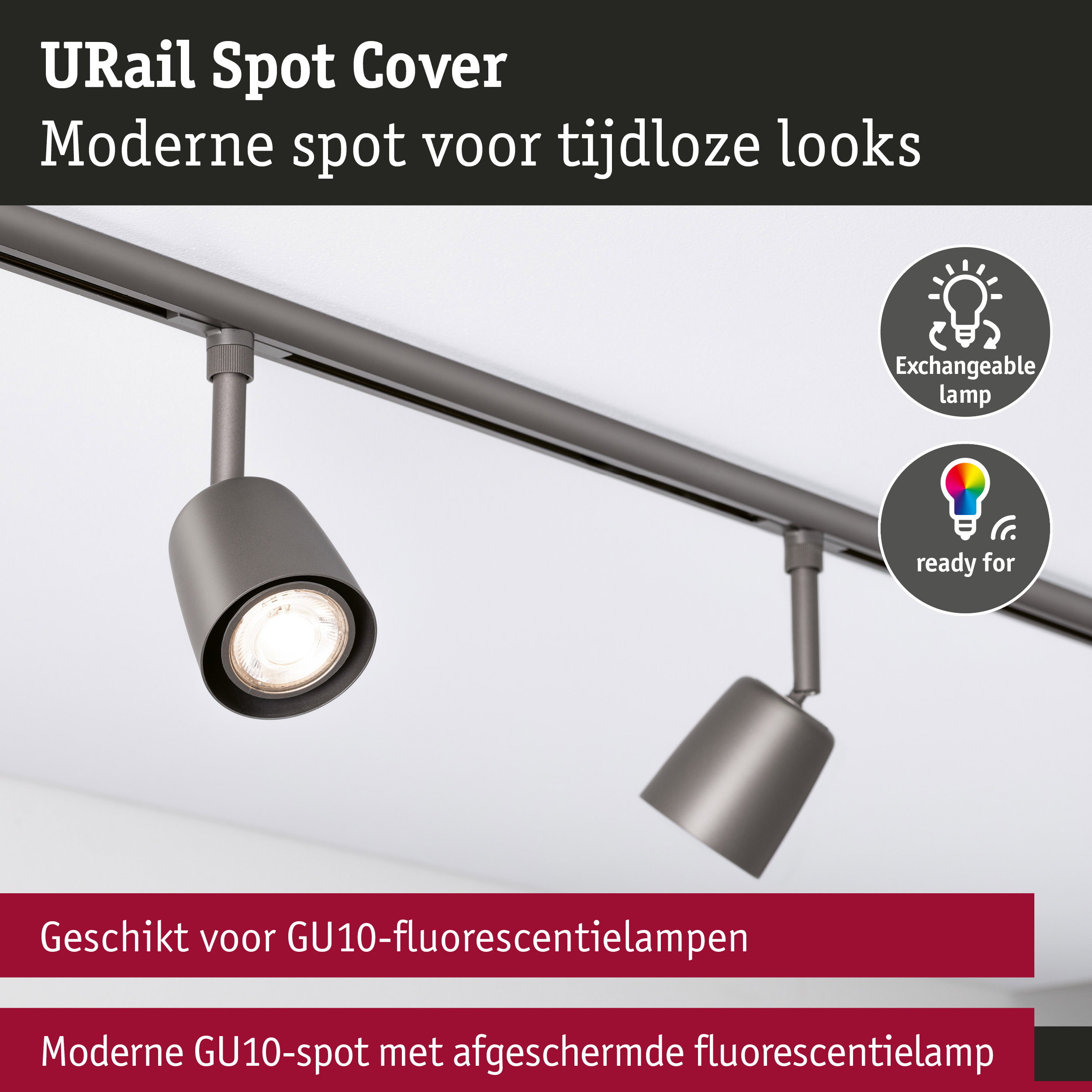 URail Railspot Cover Losse spot GU10 max. 10W dimbaar 230V Titaanium