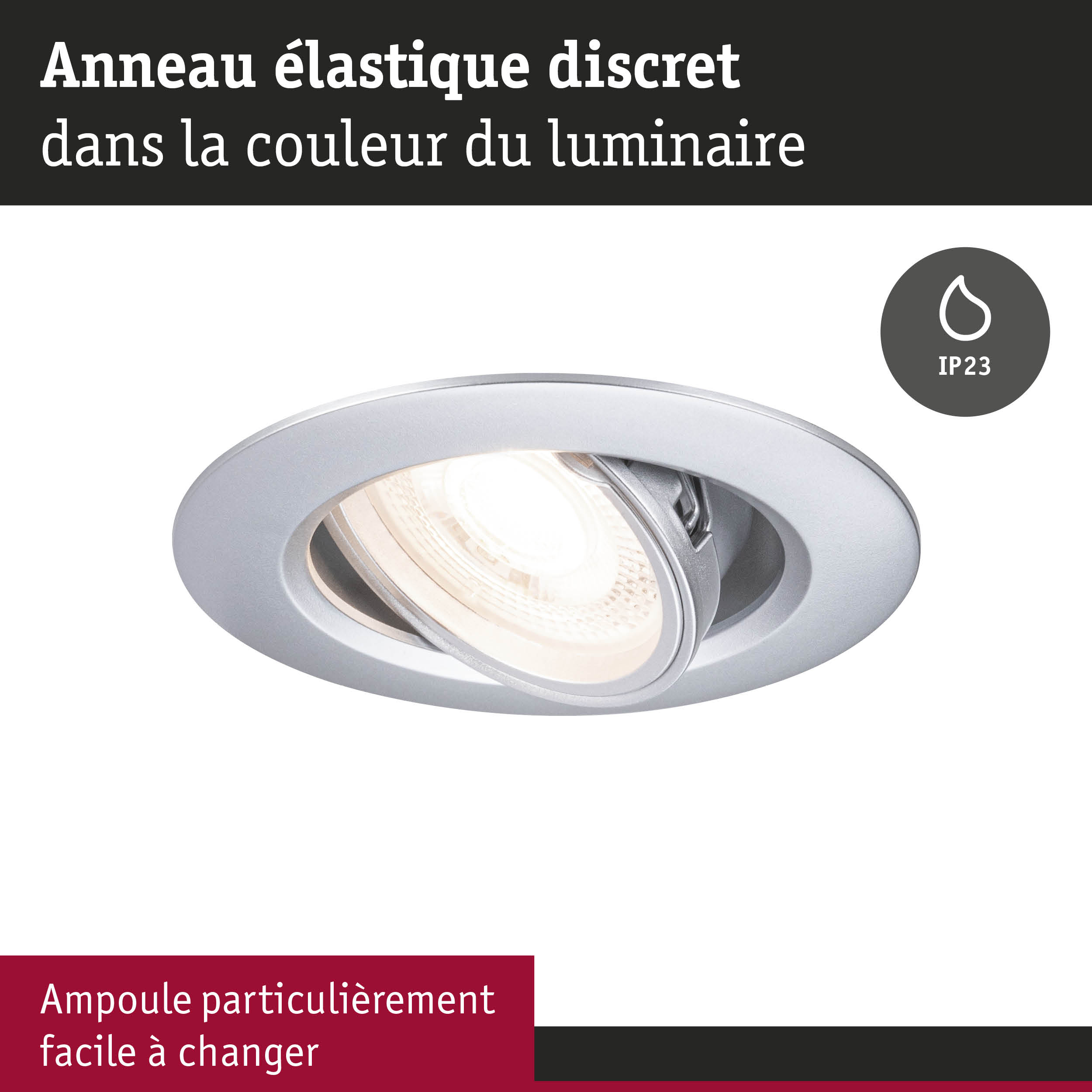 Spot encastré argenté avec anneau élastique et indice IP23 pour éclairage de salle de bain