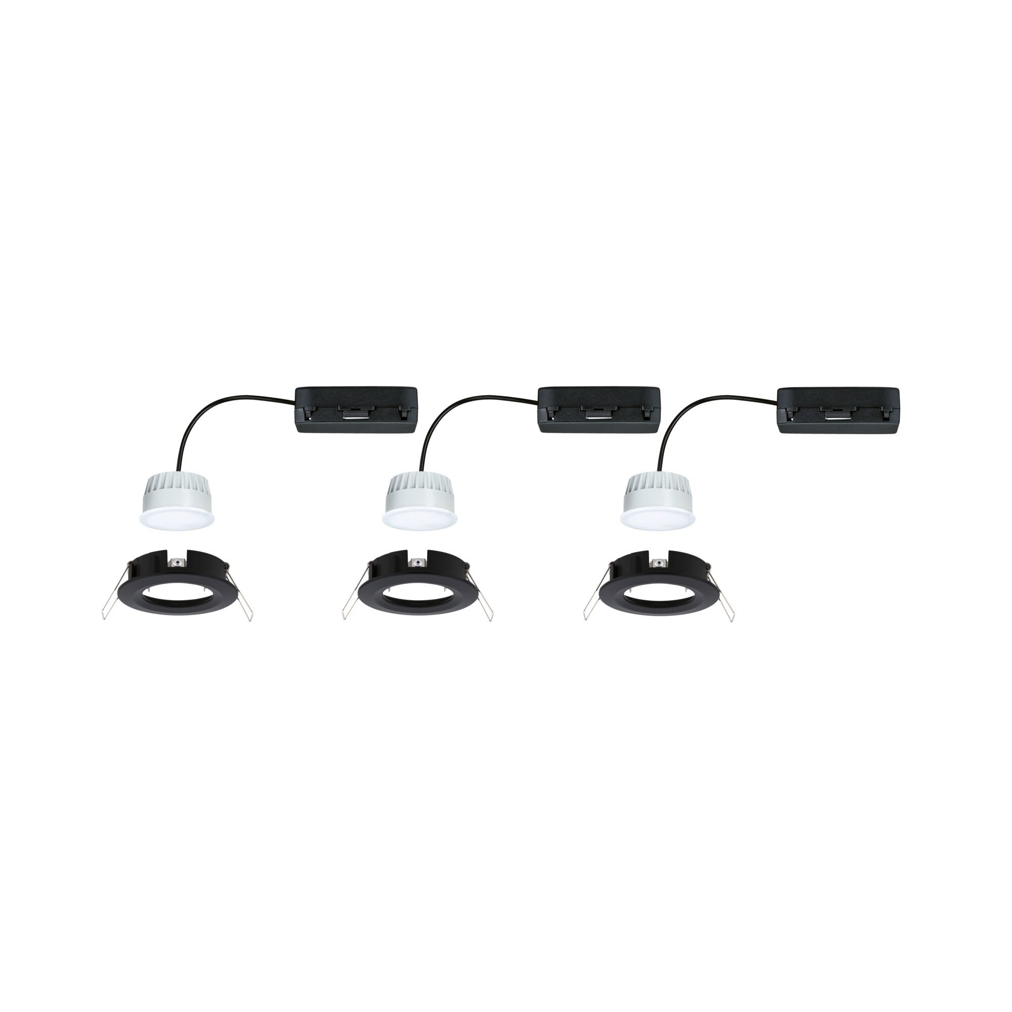 Three white LED recessed spotlights with black mounting frames and connection boxes for modern ceiling lighting