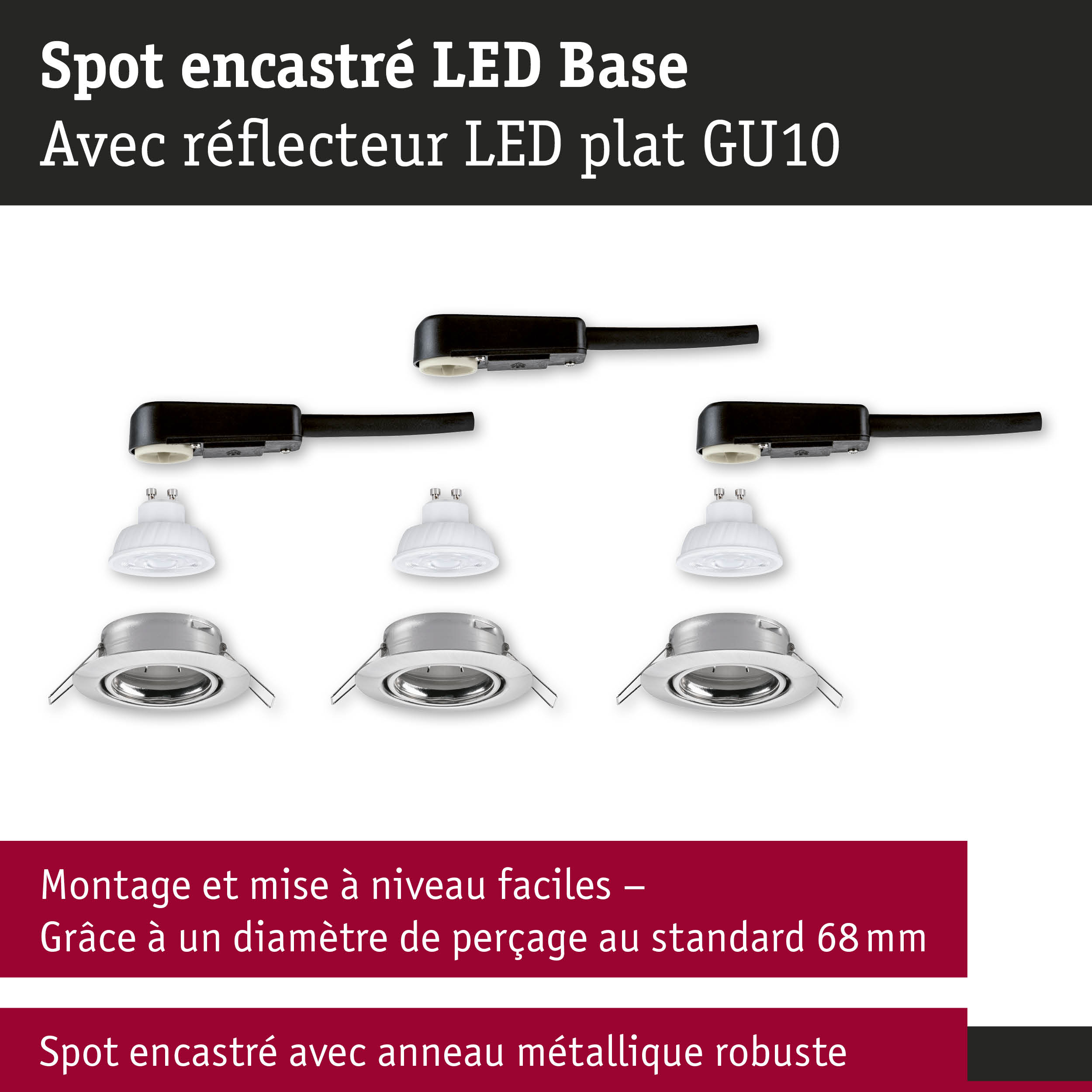 Spot encastré LED avec réflecteur plat GU10 et anneau métallique robuste argenté