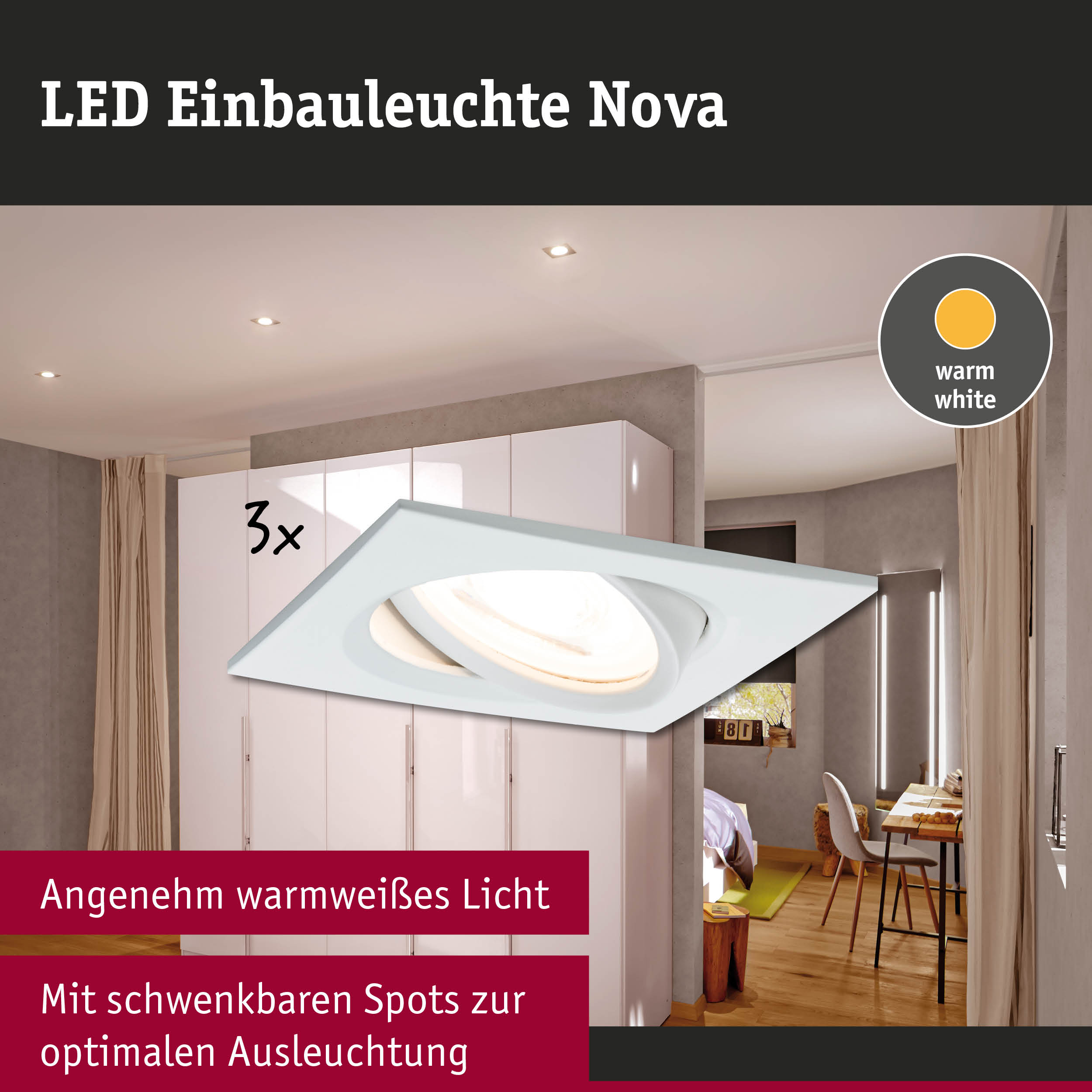 LED Einbauleuchte Nova in Weiß mit warmweißem Licht und schwenkbaren Spots für optimale Ausleuchtung